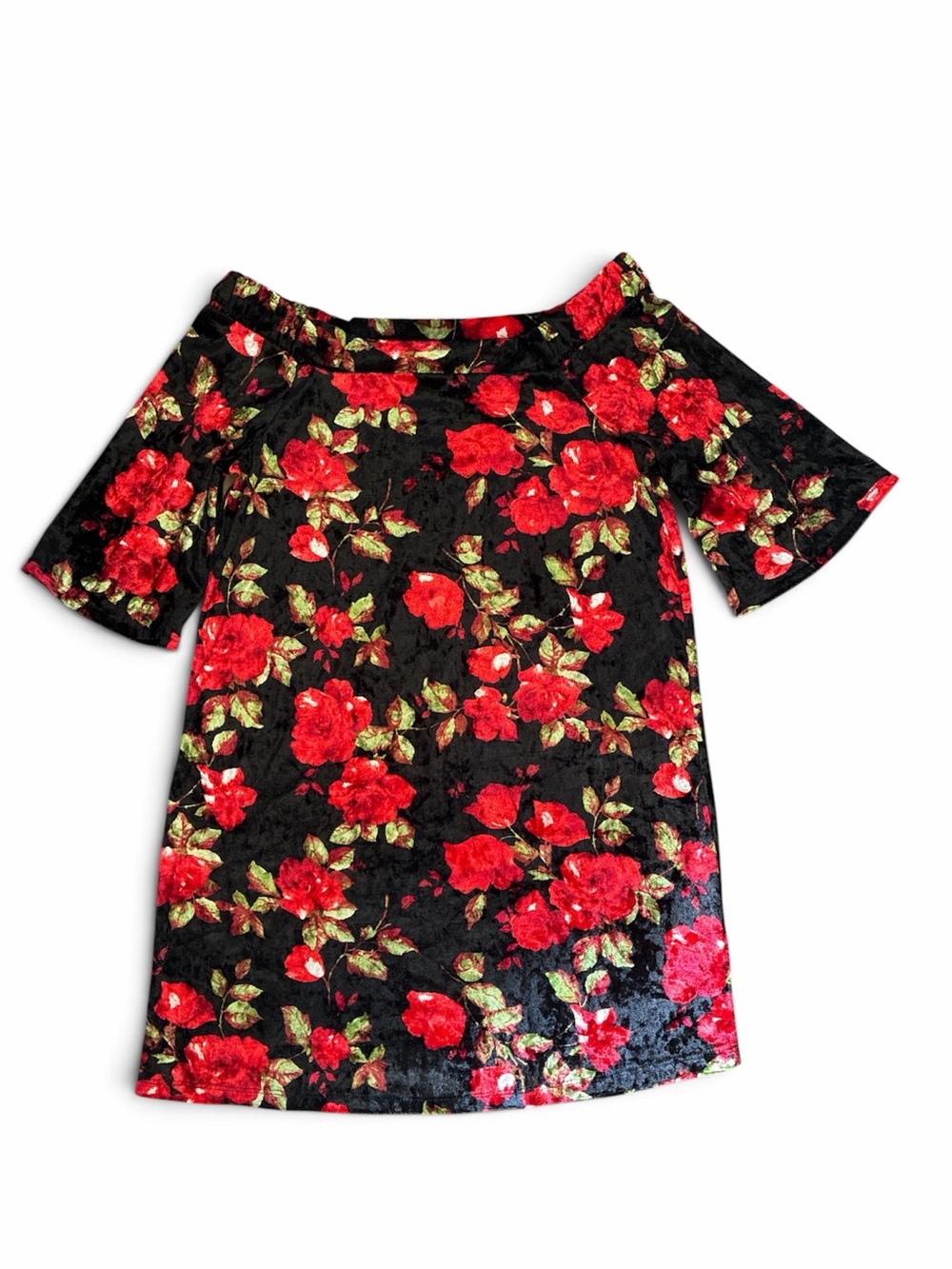ODDY Black Off-Shoulder Mini Dress with Red Rose Print